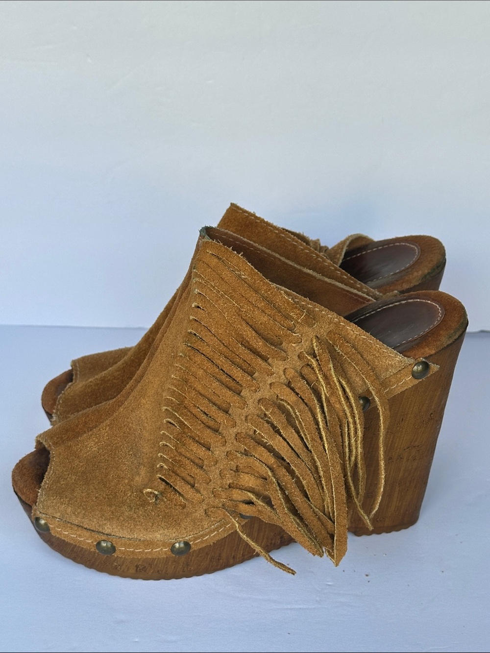 Sbicca Vintage Collection tan suede fringed wedge sandals w/ a wooden platform